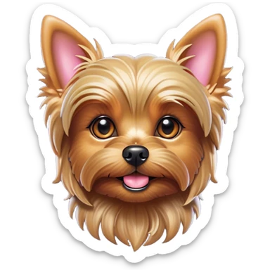 Cinematic Cute Yorkshire Terrier Portrait Emoji, Head perked with bright, twinkling eyes and a perky expression, showcasing a soft, silky fur in rich hues, simplified yet adorably detailed, glowing with a cheerful, inviting glow, high shine, exuding playful intelligence and spunky charm, styled with a gentle, whimsical outline, capturing the essence of a cute Yorkshire Terrier that appears ready to frolic off the screen with irresistible energy! sticker