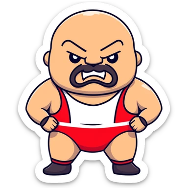 Close-up of extremely fat white skin guy with young face, beard and mustache, no muscle with prominent black durag, black eyes in a red and black wrestling singlet with angry face sticker