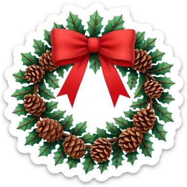 Christmas wreath with extra long bow and pinecones sticker
