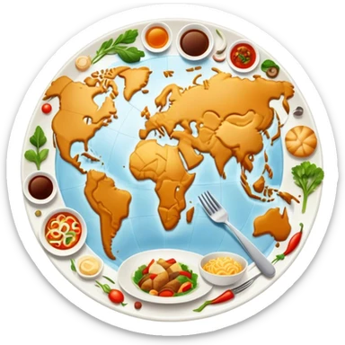 Icon for Culinary Tourism: a world map with food elements like a fork, knife and dish, surrounded by iconic dishes from various countries. The icon should represent the exploration of global cuisines and travel experiences. Transparent background. sticker