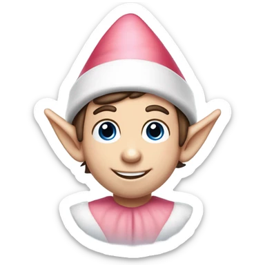 Cute elf on the shelf boy with pale skin, dark brown hair, a mischievous smile, rosy pink cheeks and big blue eyes. He has a white and red elf hat sticker