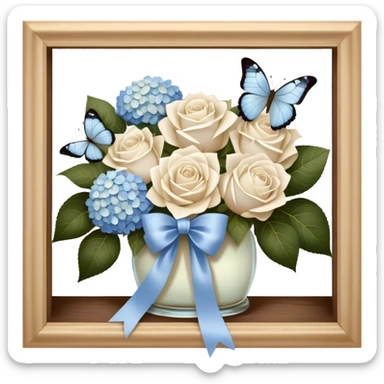 An antique wooden windowsill adorned with an elegant arrangement of white roses and soft blue hydrangeas. A silk bow in muted beige is loosely tied around the bouquet, while a translucent butterfly with pearlescent wings delicately lands on the petals. sticker