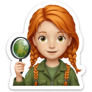 braid orange haired girl kid in moss green explorer outfit, holding magnifying glass, smile sticker