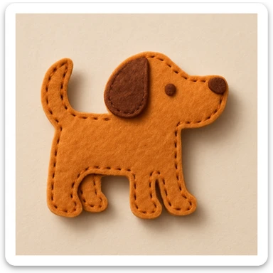 Handcrafted felt dog icon with simple shapes, clean curves, medium visible brown running stitch around edges, slightly raised look, warm orange and brown felt, minimal facial features, soft diffused lighting, subtle shadow, neutral background sticker