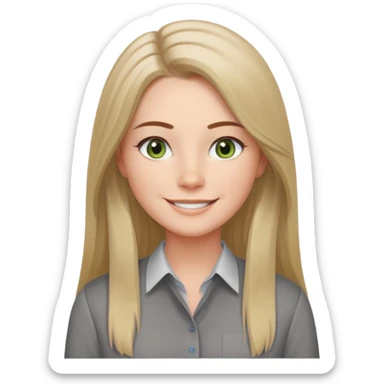 confident CEO named Freya McOmish, smiling, hazel green eyes, straight long hair with a middle part, subtle freckles, modern business style, broad shoulders, wearing a shirt with no collar sticker