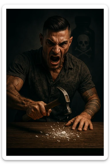 "Angry man crushing prescription pill with hammer on wooden table, expression of righteous fury against medical establishment, pill fragments scattering like defeated enemy, medicine bottle labeled with skull and crossbones in his mind, dramatic lighting showing his determination to reject pharmaceutical control, freedom from chemical dependency symbolized through destruction" sticker