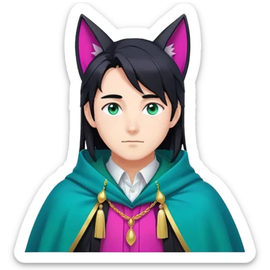 anime man with long-straight-dark-black hair, long black fox ears with pink Scapha, colorful-gradient-brown-turquoise eyes, gold earring, dark-blue-sweater, green cape, white pupils, turquoise tassel sticker