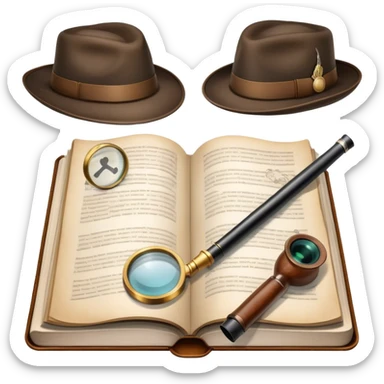 Icon for Detective Reading: an open book with text and a magnifying glass on the pages, a classic detective hat and a pipe, surrounded by clues like footprints, a revolver and a notepad. The icon should represent the mystery and intrigue of detective stories. Transparent background. sticker