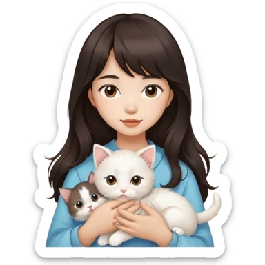 Asain girl with long wavy dark brown hair and bangs carrying a white kitten  sticker