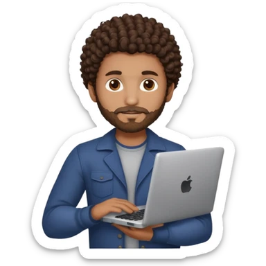 men holding his computer in hands. light brown skin men with curly dark brown hair, brown eyes, little grown beard. ust a tiny bit muscular. dressed casual. round face. sticker