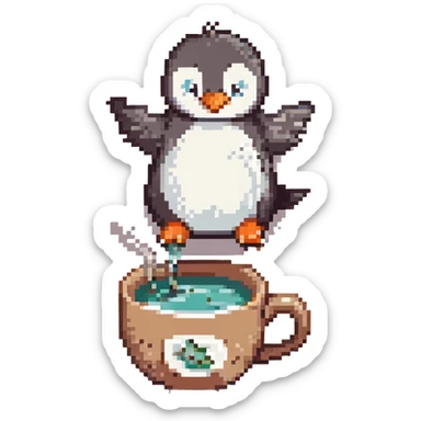 A cute penguin flying in a hot desert, next to a large steaming cup of tea, pixel art style sticker