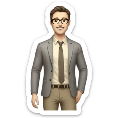 Joyful Full height Pale skinned Fit Man With dark brown hair in gray jacket, beige office shirt, Brown pants and vintage glasses. His thrumbs up sticker