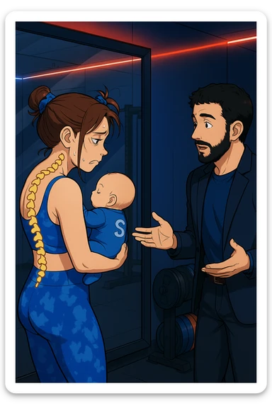 ispirati a questo stile di disegno e fai questa immagine in versione manga/webtoon a colori, il manga mostra la donna che si guarda alla specchio preoccupata di profilo con la postura sbagliata e incurvata, spalle chiuse e curve in avanti, con un neonato in braccio con una tutina azzurra e la scritta "S" sulla schiena, spina dorsale storta della donna in evidenza mentre al suo fianco anche l'uomo guarda la donna riflessa nello specchio e le spiega una cosa, ma non fare i fumetti, fai come se stessero parlando sticker