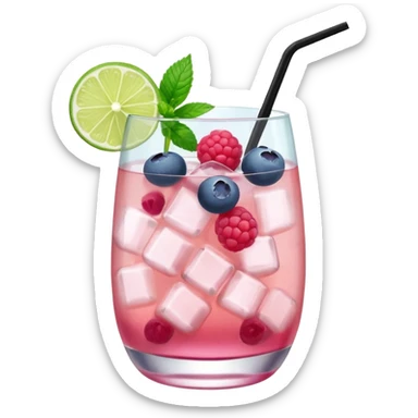 pastel pink cocktail in a rounded clear glass, the drink contains visible raspberries and blueberries (not too many)inside with light foam at the top. garnished with a fresh green mint sprig (quite big) and a lime wedge on the rim. add a black straw. sticker