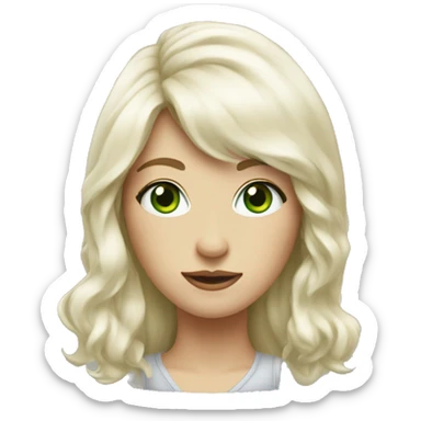 woman, a bit wave hair with bang, hair below shoulders, green eyes, white skin, hipster look, sticker