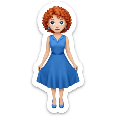 una profesora mayor simpática con el pelo rojo rizado, ojos azules, vestido azul y pendientes azules hablando altura completa sonriendo sticker