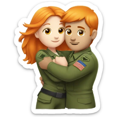 a orange hair girl hugs, white man in a green military uniform sticker