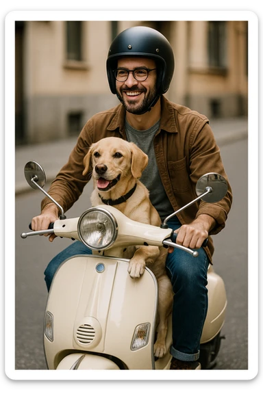 man and his pet dog riding a vespa sticker