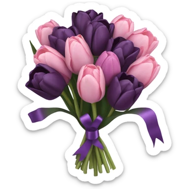 a beautiful aesthetic bouquet composed of dark purple and light pink tulips and dark purple roses tied with a silk purple ribbon sticker