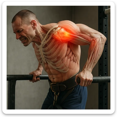 Create a hyperrealistic 4K anatomical version of a man performing a dip on parallel bars, shown from a lateral position as in the reference image. The expression should show discomfort and shoulder pain. Highlight the muscles and bones of the shoulder with realistic anatomical details, including red or highlighted areas where the pain is located. The atmosphere should resemble a gym setting. sticker