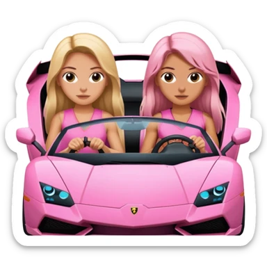 Make car far away so I can see full car Car facing forward in sports car. Make hair long  two girls in car far away Front of car sitting in the seats. Make it a pink sports car. They are two baddies make it a Lamborghini pink car  sticker