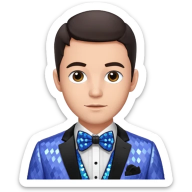 Jonathan Bailey with dark brown hair, periwinkle sequin suit with bow tie sticker