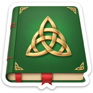 a green closed book with a golden triquetra on it with a red ribbon between the paged sticker