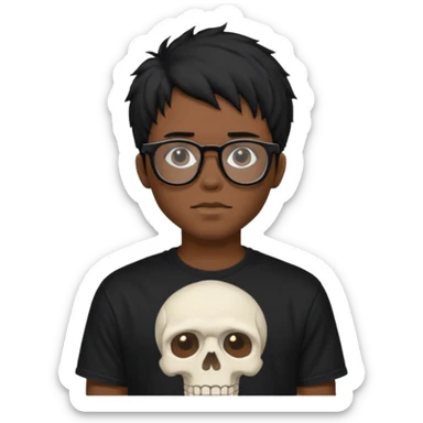 black anime hair guy with skeleton makeup. wearing a stussy tshirt with glasses sticker