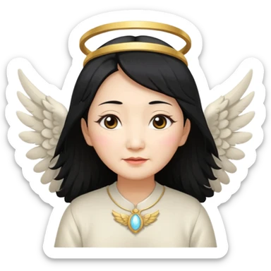 Angel Old Lady with wings black hair asian  smaller eyes w halo sticker