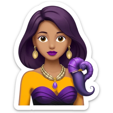 This person headshot view, wearing a strapless black dress, having long brown hair, dark pinkish purple lips, and wearing a small nautilis gold shell necklace around her neck sticker