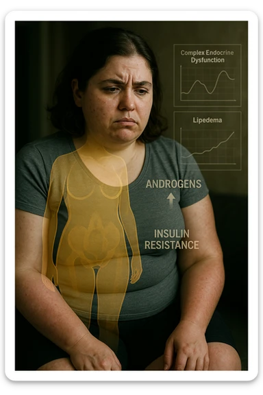 cinematic realistic in italiano Woman with PCOS struggling with hormonal chaos, transparent overlay showing elevated androgens and insulin resistance affecting her body, lipedema causing disproportionate fat accumulation in legs and arms despite normal torso, expression of frustration with unexplained weight gain, medical charts showing complex endocrine dysfunction, painful swollen limbs contrasting with metabolic confusion sticker