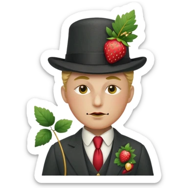 Pretentious cartoon strawberry in a tailored charcoal three‑piece suit, leaf‑cap styled like a pompadour, gold‑stud seeds, sugar‑glass monocle, licorice cane, smug expression; clean vector style, flat shading, cream background, rich crimson/forest‑green palette, 3/4 view, elegant lighting.
 sticker