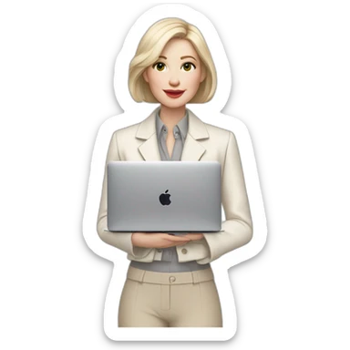 pale skin woman with ash blonde Straightened bob Hair, White Spacious classical jacket, beige palazzo Arrow pants and gray blouse holding a MacBook in the hands sticker