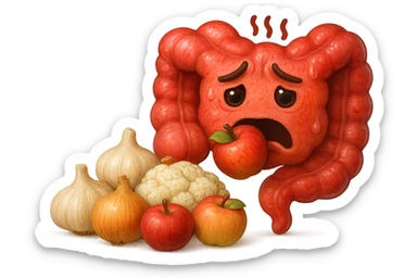 EMOJI STILE IPHONE DI UN INTESTINO UMANO IN CRISI PERCHé STA MALE, IN BOCCA HA UNA MELA E DAVANTI A LUI C'è UNA MONTAGNA DI aglio, cipolle, cavolfiore e mele, IPERREALISTICO 4K sticker