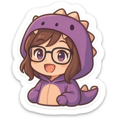 chibi anime style gamer girl with glasses, brown hair, dark purple eyes, wearing a purple dinosaur costume, happy, eyes open, no controller sticker