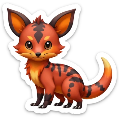 Rare tropical warm-colored exotic cute epic aesthetic colorful Salandit-Eevee-Civet-species-Fakemon-hybrid-creature, with wild fiery markings, full body sticker
