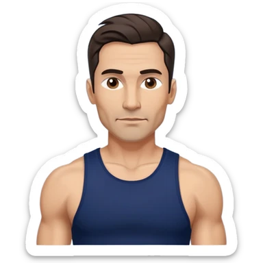 Athletic 40-year-old man with light brown skin, elongated face, strong jawline. Confident expression with medium dark eyes, arched eyebrows. Wavy dark hair in modern cut. Wearing a navy blue tank top showing fit physique. sticker