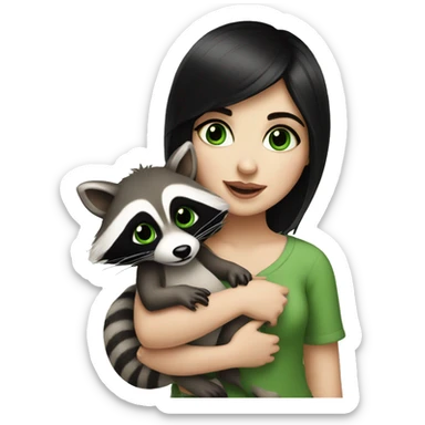 girl with black hair and pale skin with green eyes holding cute baby raccoons sticker