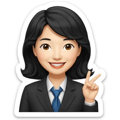 60 yr old asian woman, wavy thick black hair, side part, side swept bang, big smile, business suit sticker