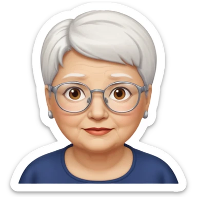 Create me emoji of an old mid-fat lady. Short white hair to left side. Square glasses. Brown eyes. Without any earings. Long head sticker