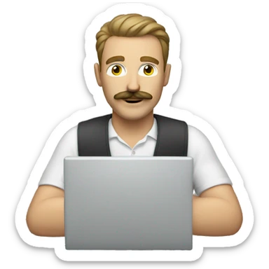 white man with moustache working at a laptop sticker