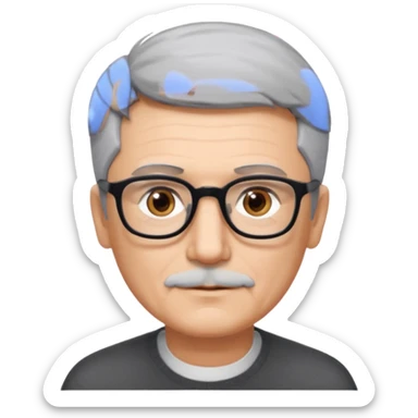 man 60 short grey hair, brown eyes small black rectangle glasses, no beard and no mustache sticker