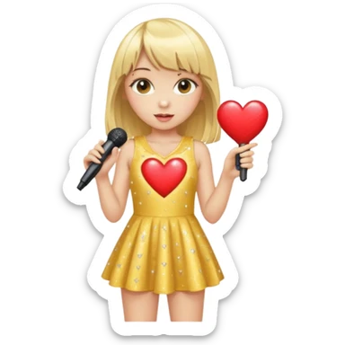 yellow, sparkly mini dress with a heart cutout, blonde hair girl with bangs, and a jeweled microphone with a red heart sticker