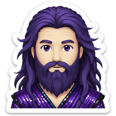 Boreas, God of North Wind from Gods and Goddesses with long black shaggy hair and beard, dark purple sequin outfit sticker