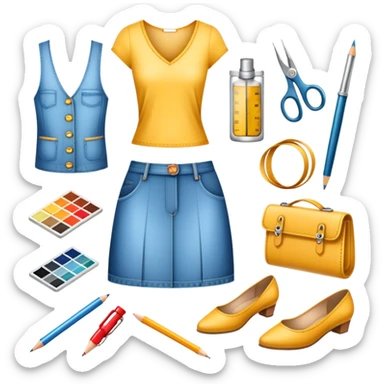 Icon for Fashion Design: sketches of clothing, shoes, and accessories with design tools like a pencil, fabric swatches, and a measuring tape. The icon should represent creativity in fashion design and tailoring. Transparent background. sticker