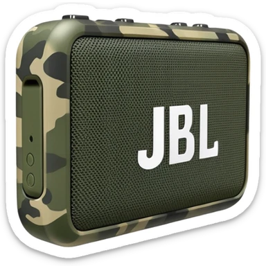 Minimalist JBL Go Clip 4 speaker with simple camouflage pattern, clean lines, iOS emoji style sticker
