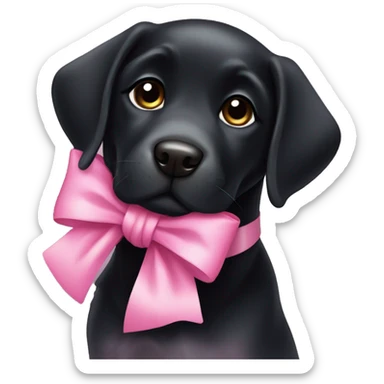 Smiling puppy black Labrador with a pink bow sticker