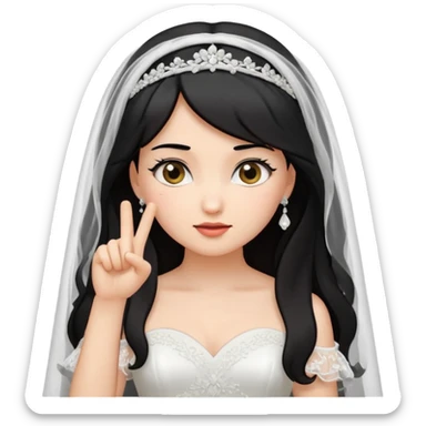 Black-haired bride in a white wedding dress and veil, curious expression, pointing to her head with her index finger, cute emoji style. sticker
