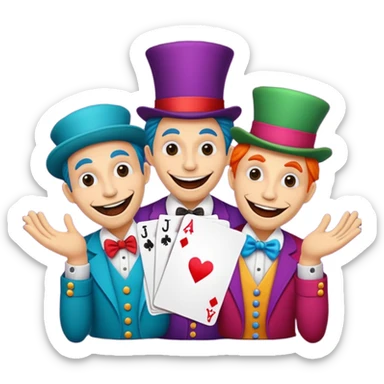 3 poker cards, with crazy colorful human jolly jokers inside, puppeteers sticker