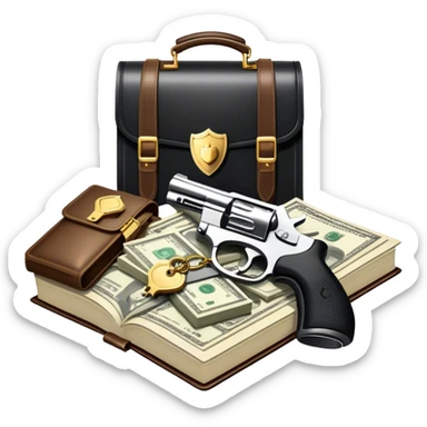 Icon for Action & Crime Reading: open book with text and picture, with a silhouette of a gun, a bag of money, and a police badge on the pages. Surrounding elements include a pair of handcuffs, a briefcase, and scattered bullet casings. Transparent background. sticker